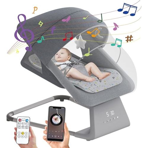 Baby Swings for Infants, Remote Indoor Baby Swing to Toddler, Portable Infant Swing and Bouncer for Baby Boy Girl, Baby Rocker Chair for Newborn with 11 Lullabies, Large Screen, 5 Speeds