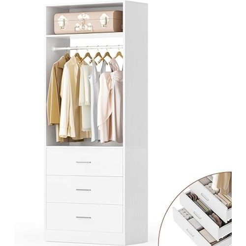 Freestanding 2FT Closet System with 3 Wood Drawers, 24" Closet Organizer System with Hanging Rod & Shelves, Walk-in Closet Systems for Small Closets, White (24"L x 15" W x 80" H)