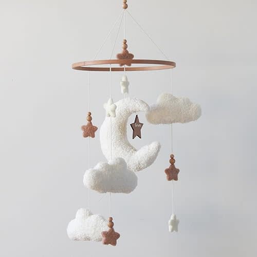 Cloud Moon Crib Mobile Cloud Baby Mobile for Crib Neutral Boho Clouds and Stars Moon Mobile Boucle Mobile, coffee 3