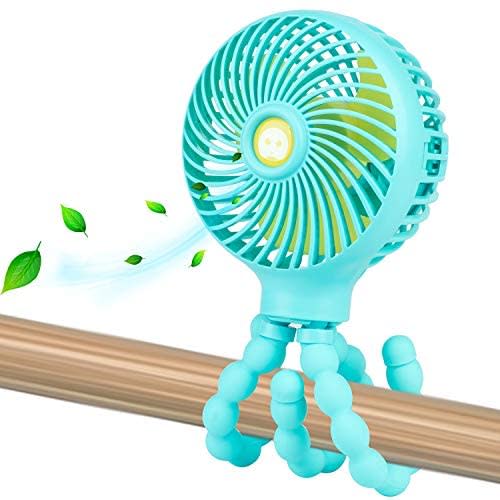 Mini Handheld Personal Portable Fan, Baby Stroller Fan, Car Seat Fan, Desk Fan, with Flexible Tripod Fix on Stroller Student Bed Bike Crib Car Rides, USB or Battery Powered (Light Blue)