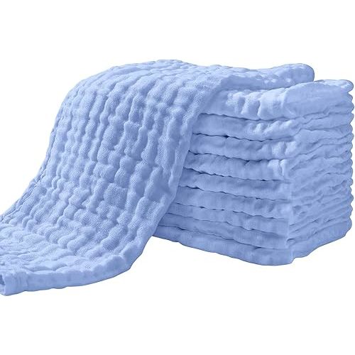 Yoofoss Muslin Burp Cloths for Baby 10 Pack 100% Cotton Baby Washcloths for Boys Girls Large 20''X10'' Super Soft and Absorbent Blue