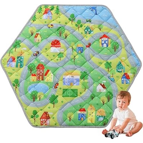 HOMBYS Hexagon Playpen Mat, 52x45 Thicken Soft Playpen Mat Fits Hexagon Portable Play Yard & Playpen, Washable Baby Play Mat Non-Slip Mat for Toddler Kids Crawling & Play, (Road & Car Pattern)