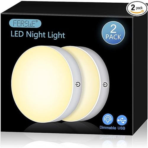 Ferswe Dimmable Touch Lights, 3000K Rechargeable Tap Light with 1000mAh Large Battery, Stick on Lights for Closet, Cabinet, Shelf, Wall and Desk(2 Pack) - White - Warm White