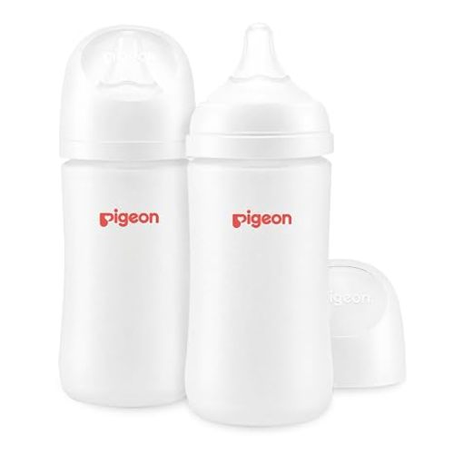 Pigeon Silicone Coating (Glass Inside/Silicone Outside) Baby Bottle, Wide Neck, Streamlined Body, Natural Feel, Easy to Clean, Heat-Resistant, 8 Oz (Pack of 2), Includes 2 pcs M Nipples (3m+)