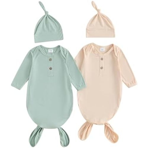 Merqwadd Newborn Knotted Gown 2 Pack Plain Sleeper for Baby Boy Girl Coming Home Outfit