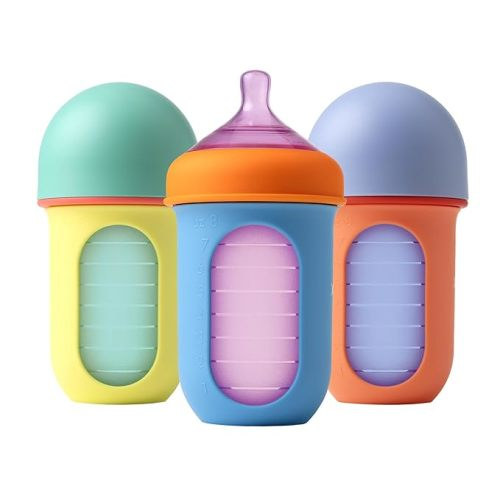 Boon Nursh Reusable Baby Bottle with Collapsible Silicone Pouch Design - Everyday Baby Essentials - Stage 2 Medium Flow Baby Bottles - Color Block - 8 Oz - 8 Ounce