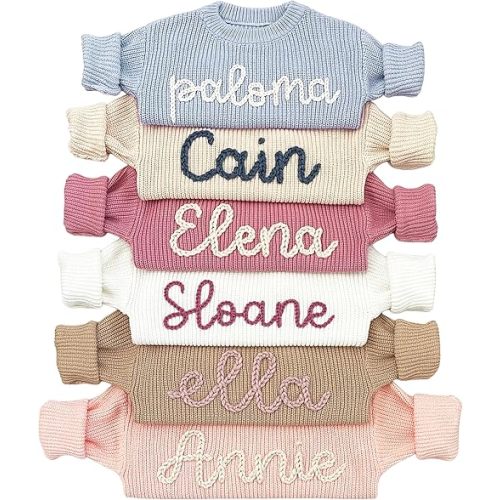 NAZENTI Personalized Baby Knit Sweater, Customized Baby Sweater with Hand-Embroidered Name and Monogram, Custom Name Baby Boy Baby Girl Toddler Gift for Birthday, Baby Shower, Christmas