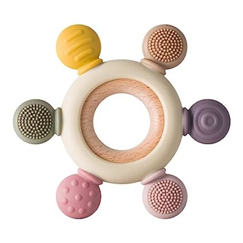 Baby Teething Toys Silicone Teethers BPA Free Silicone Rudder with Wooden Ring Soothe Babies Gums (Khaki)