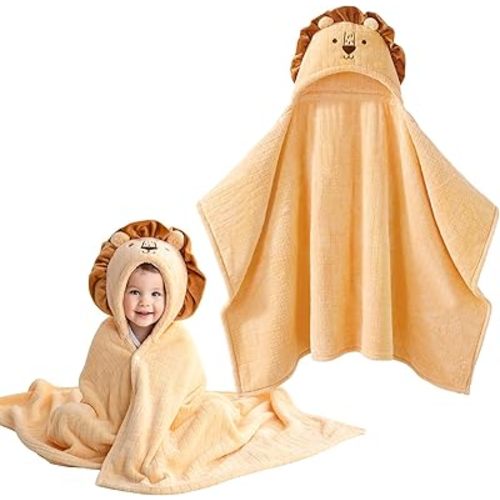 Hooded Towels for Kids-Soft Coral Fleece Hooded Baby Towels with Animal Design, Large Super Absorbent Toddler Bath Towel for Boys Girls(49x31 Inch, Lion)