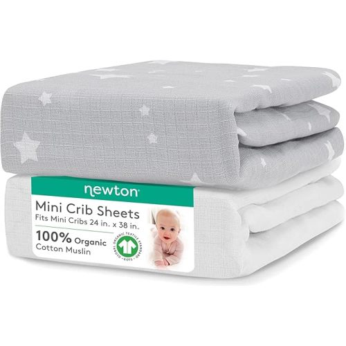 Newton Baby Fitted Mini Crib Sheets (2-Pack) | Organic Muslin Cotton, Breathable & Soft Baby Sheets, Washable Baby Mattress Sheets, Fits Any Mini Sized Crib 24" x 38", Stardust Twilight Grey + White