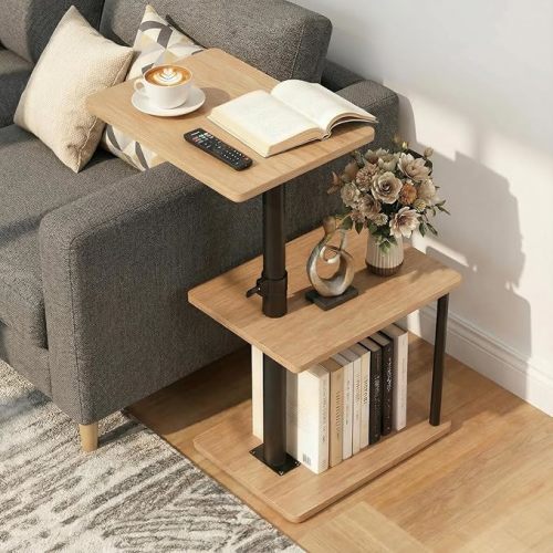 360° Swivel Side Table for Height Adjustable, C Shaped End Table for Couch with Storage, 3-Tier Night Stand with Open Shelf, Tv Tray for Small Spaces, Living Room, Bedroom, Oak