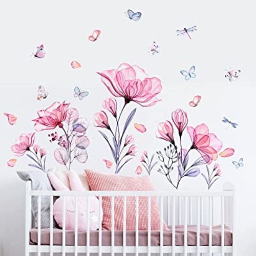 Pink Flowers Wall Decals Removable Butterflies Floral Flowerl Wall Stickers DIY Vinyl Self Adhesive Wall Mural for Nursery TV Background Kids Gilrs Rooms Bedroom Decoration