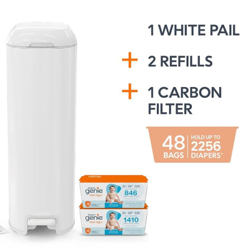 Diaper Genie Platinum Diaper Pail Gift Set | Hands-Free Odor Control with Foot Pedal | Stainless Steel Baby Diaper Pail | Includes 2 Easy Roll Refills 48 Bags Total | Baby Registry Must-Have