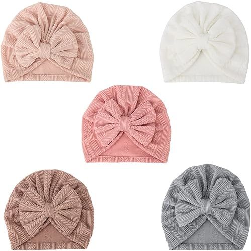 DRESHOW BQUBO 5 Pieces Newborn Baby Turban Hats Bow Baby Infant Beanie Breathable Toddler Cap for Baby Girls 3-12 Months