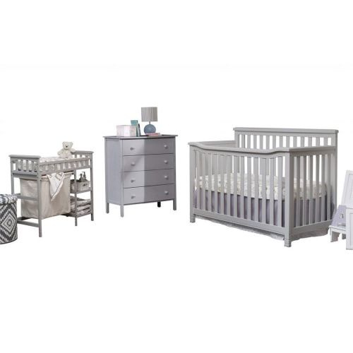 Sorelle Palisades 4-in-1 Convertible Crib, Dresser, Changing Table, Hamper - Wood Baby Bedroom Furniture Set in Gray
