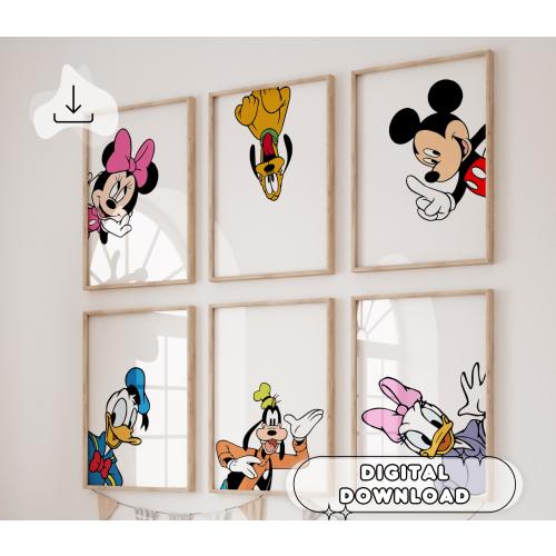 6 Minimalist Mickey & Friends Posters - Mickey and Minnie, Nursery Prints, Kids Room Decor, Baby Shower Gift, Digital, Aesthetic Wall Art