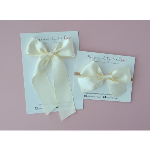 Ivory Satin Long Tail Hair Bow. Baby Girl Satin Bow. Long Hair Bow. Girl Ivory Bow. Adult Long Tail Hair Bow. Momma Bow. Ivory Satin Bow.
