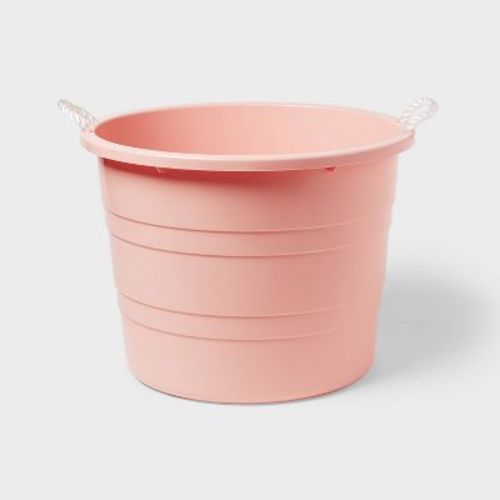 Plastic Kids' Storage Bin With Woven Handles Pink - Pillowfort™: Jumbo Round Toy Bucket, 20% Recycled Material
