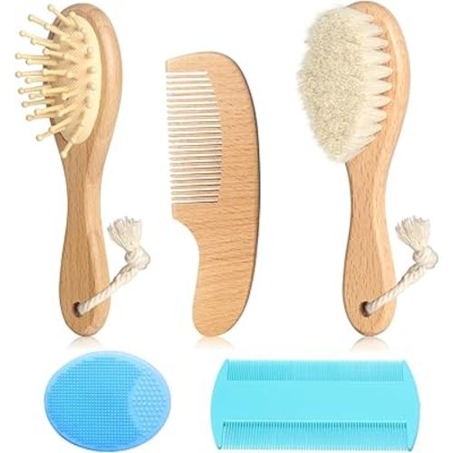 Wooden Natural Goat Bristle Brush and Cradle Cap Comb Set - 5 in 1 Baby Grooming Kit for Newborns, Toddlers, Boys, and Girls (Blue)