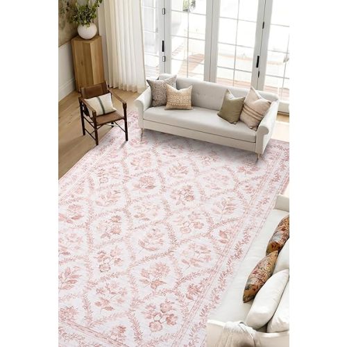 Area Rug Pink 6x9 Boho Floral Washable Area Rug Non Slip Carpet Floor Covering Indoor for Living Room, Machine Washable Distressed for Girls Bedroom, Blush Pink Floral for Dining Room