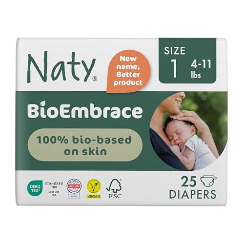 Naty BioEmbrace Baby Newborn Diapers Size 1 (4–11 lbs) | 100% Biobased on Skin | Plant-Based Softness | Dermatologically Tested, Super Absorbent | 25 Count