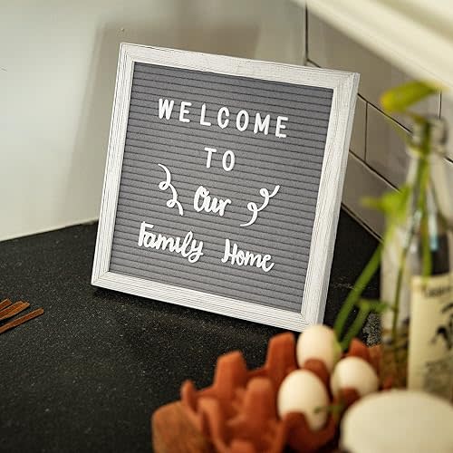 HBCY Creations 10"x10" Felt Letter Board - Solid Wood Frame - White Wash - Gray Felt - 389 PP Letters Including Numbers, Symbols, Icons - Canvas Carrying Case
