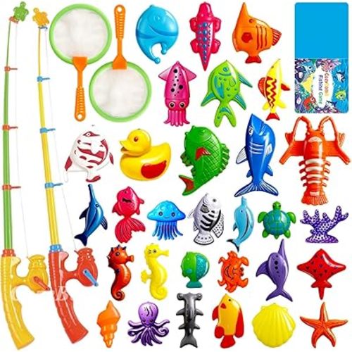 CozyBomB™ Magnetic Fishing Toys Game Set for Kids | Water Table Bathtub Kiddie Pool Party & Pole Rod Net, Plastic Floating Fish Toddler Color Ocean Sea Animals Birthday Age 3 4 5 6 Year