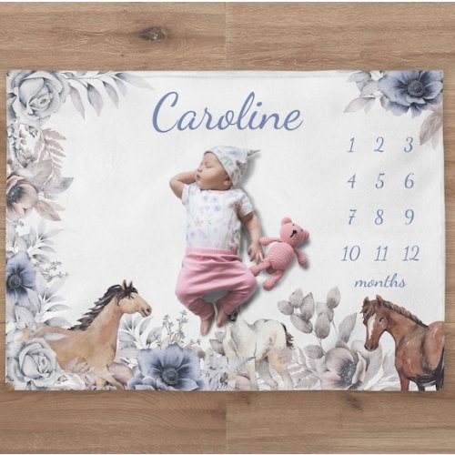 Flowers Milestone Blanket, Custom Horse Girl Name Blanket, Personalized Horse Baby Month Blanket, Newborn Gift, Floral Baby Shower Gift - Etsy