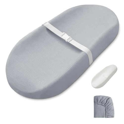 Blissful Diary Muslin Baby Changing Pad with Waterproof Lining Foam, Diaper Changing Table Pad with Cover for Dressers (Gray, Avocado)