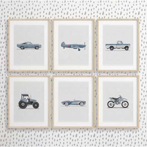 Set of 6 Vertical Pale Blue Vehicle Prints, Boys Room Decor, Retro Car Prints For Boys Room, Kids Room Wall Art, Transportation Watercolor