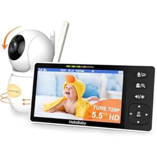 HelloBaby 720P 5.5'' HD Baby Monitor with Camera and Audio No WiFi, Video Baby Monitor, Remote Pan Tilt Zoom Wide View Range, 1080P Infant Camera, Color Night Light, Hack Proof, 4000mAh, 1000ft