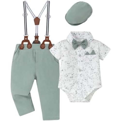 Coco&RARA Baby Boy Clothes Suits Infant Tuxedo Gentleman Dress Shirt with Bowtie Beret Suspender Pants Outfit Sets 0-18M