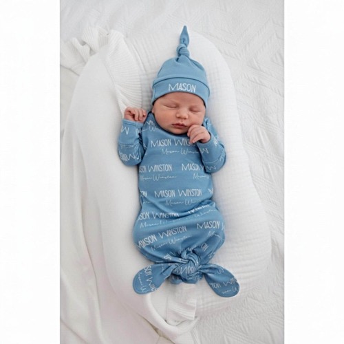 Personalized Name Gown Newborn Baby Boy Girl Custom Knotted Coming Home Outfit Gift - - Duty Paid by Seller