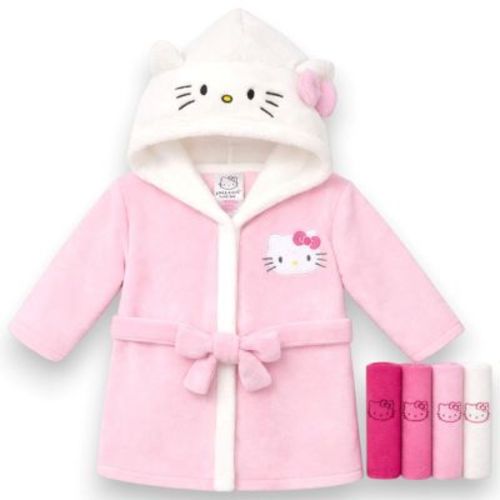 Hello Kitty Infant Girls' Cozy Hooded Plush Fleece Bathrobe & 4pc Washcloth Set, Pink/White, One Size
