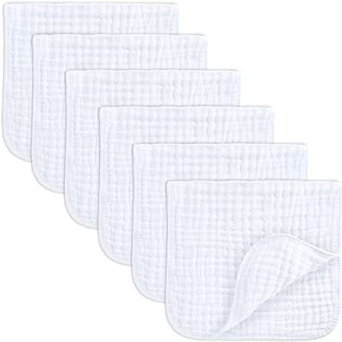 Comfy Cubs Muslin Burp Cloths Set Large 100% Cotton Hand Washcloths for Babies, Baby Essentials 6 Layers Extra Absorbent and Soft Boys & Girls Baby Bibs & Burp Cloths Set (White, 6-Pack, 20" X10")