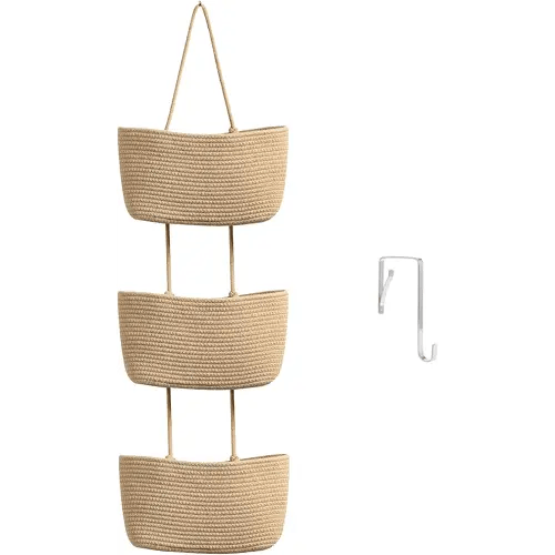 TeoKJ Over the Door Hanging Basket, 3-Tier Woven Cotton Wall-Mounted Storage Organizer Bag Decorative Hanging Nursery Baskets - Jute