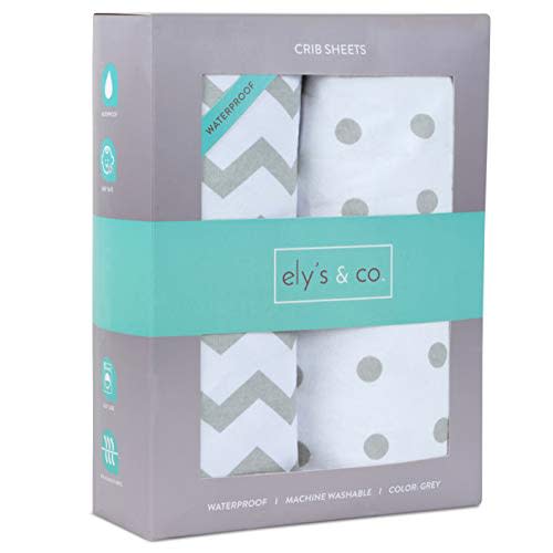 Ely's & Co. Patent Pending Waterproof Crib Sheet | Toddler Sheet, No Need for Mattress Pad Cover, 2 Pack Grey Chevron and Polka Dots, Unisex for Baby Boy and Baby Girl