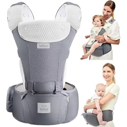 Bebamour Baby Carrier Newborn to Toddler-Baby Hip Carrier Front and Back Carry with Head Hood & 3 Pieces Teething Pads& WAIST Extenders (New Grey)