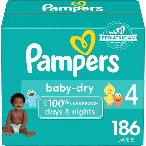 Pampers Baby Dry Diapers - Size 4, One Month Supply (186 Count), Absorbent Disposable Diapers