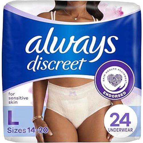 Always Discreet for Sensitive Skin Underwear, Four Times Skin Protection, Dermatologically Tested, Fragrance-Free, Maximum Absorbency, L, 24 CT