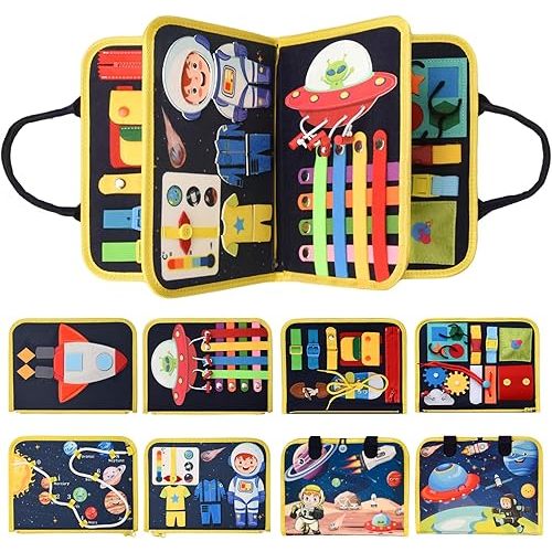 Montessori Busy Board Toys for Space Exploration, Sensory Games Travel Activities Toddlers Press&Push, Pull String, Educational Learning Fine Motor Skills for 1 2 3 4 Year Baby Kids Autism