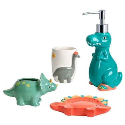 4pc Dinosaur Kids' Bath Set - Allure Home Creations: Multicolor Ceramic Bathroom Accessories, Toothbrush Holder Included