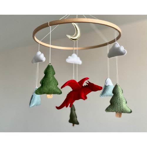 Red dragon mobile for baby nursery Fantasy nursery Felt dragon Gender neutral baby mobile Baby crib mobile Nursery decor Fairy tale nursery
