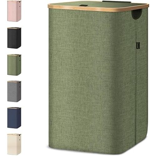 BALEINE Laundry Hamper with Lid, Tall Laundry Baskets with Bamboo Pull Handles, Large Laundry Bin with Internal Support (26 Gal/100L, Green)