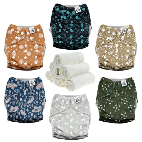 Mama Koala 3.0 Cloth Diapers for Babies with AWJ Lining, 6 Pack with 6 Natural Cloth Diaper Inserts - Reusable and Washable Pocket Diapers (Natural Elements)