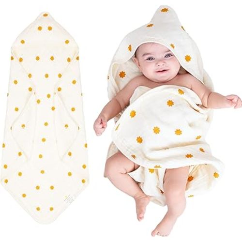 NINTARABABY Hands-Free Hooded Towel - 100% Organic Premium Muslin Cotton, 30" x 30", Ultra-Absorbent, Soft, Breathable, Hypoallergenic, Multipurpose, Gifts for Babies & Infants