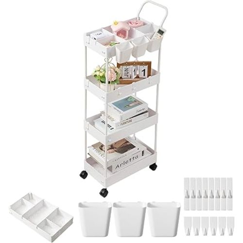 danpinera Storage Cart, 4 Tier Narrow Rolling Storage with Wheels & Dividers, Bathroom Organizer Slim Laundry Cart with Handle Hanging Cups Hooks, White