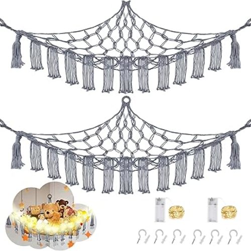 Stuffed Animal Hammock with LED Light, 2 Pack Toy Hammock for Stuffed Animals Storage for Kids, Stuffed Animal Hammock Corner, Grey