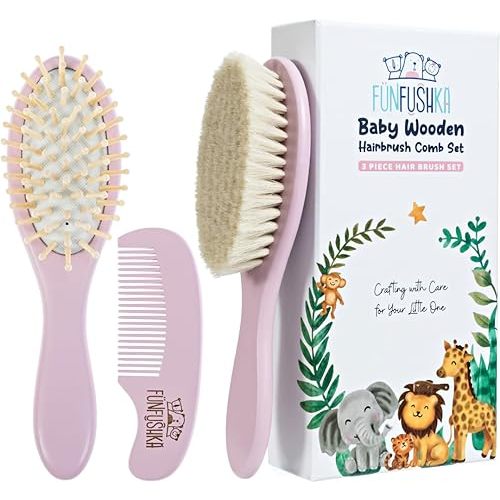 Wooden Baby Hair Brush and Comb Set for Newborns - Soft Bristle Baby Brush and Comb for Gentle Scalp Care - Perfect Baby Registry Gift Set – Baby Cradle Cap Brush for Newborn (Rosa)
