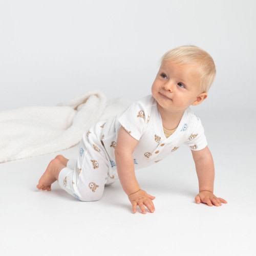 Huggies Babywear Organic Cotton Bear Print Rib Bodysuit & Pant Set - White & Blue